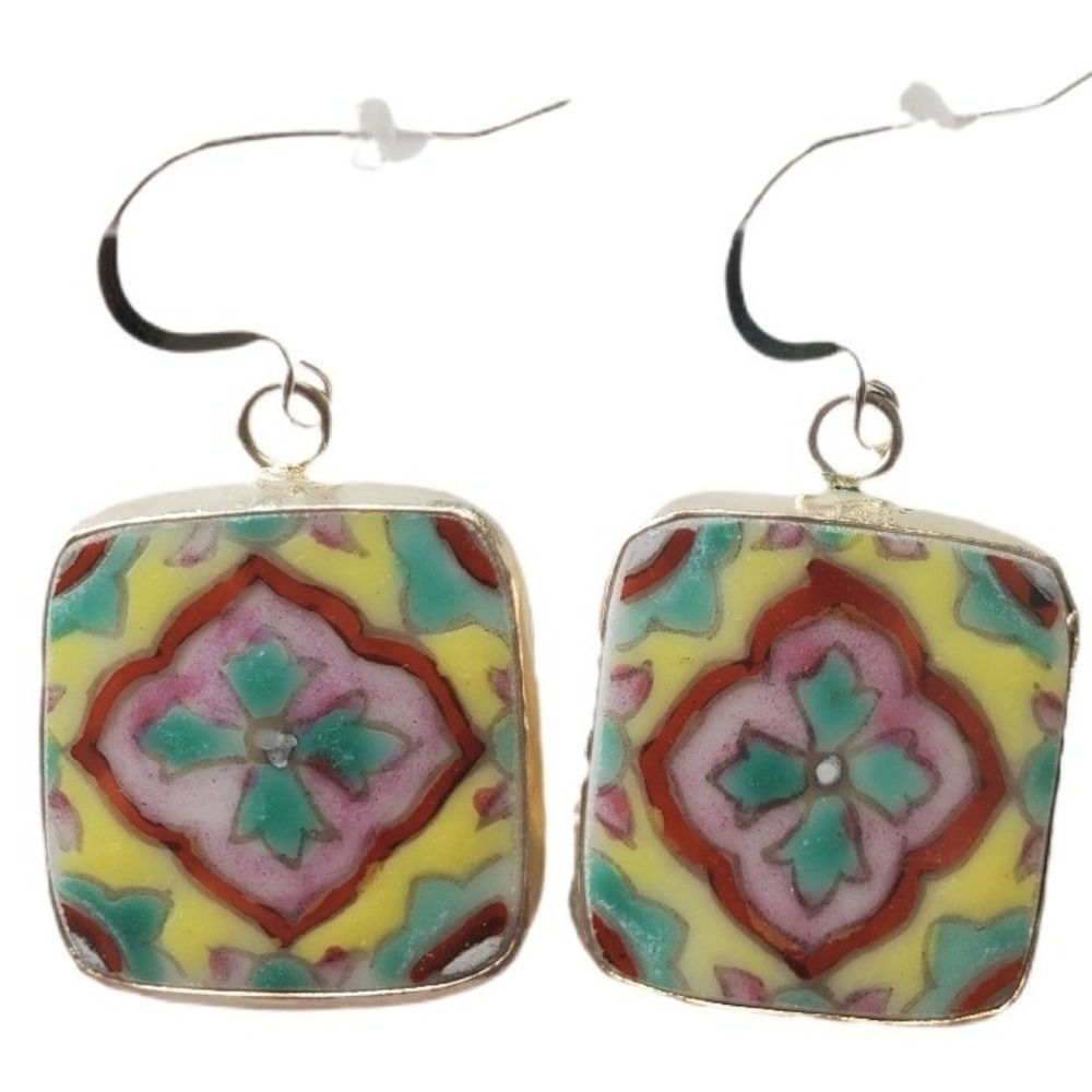 Bohemian Ceramic Mosaic Talavera Tile Drop Earrings Pottery Shard Squares 925